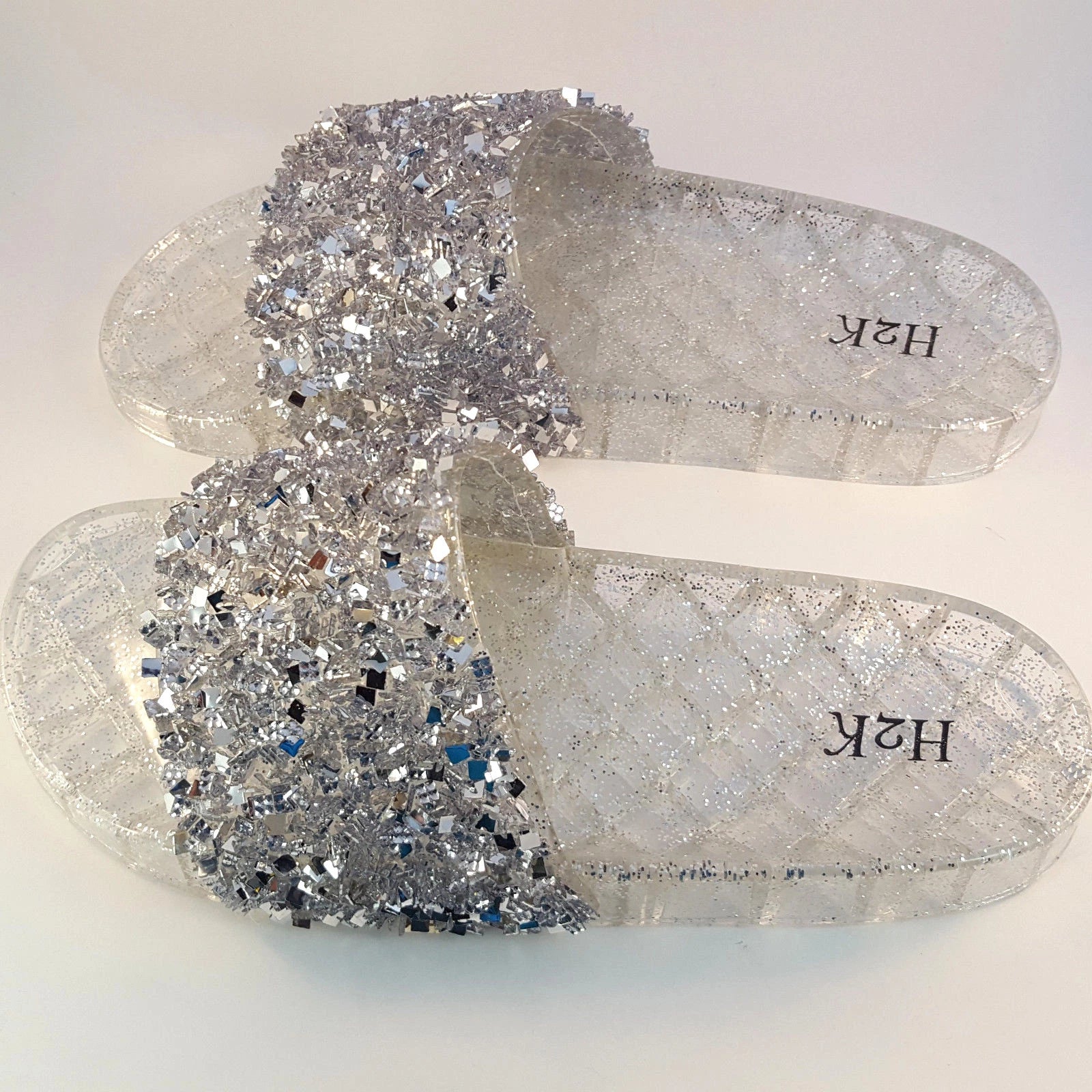 H2K CANDY Silver Color Glitter Beads Fashion Slides Flip Flops Sandals Bling