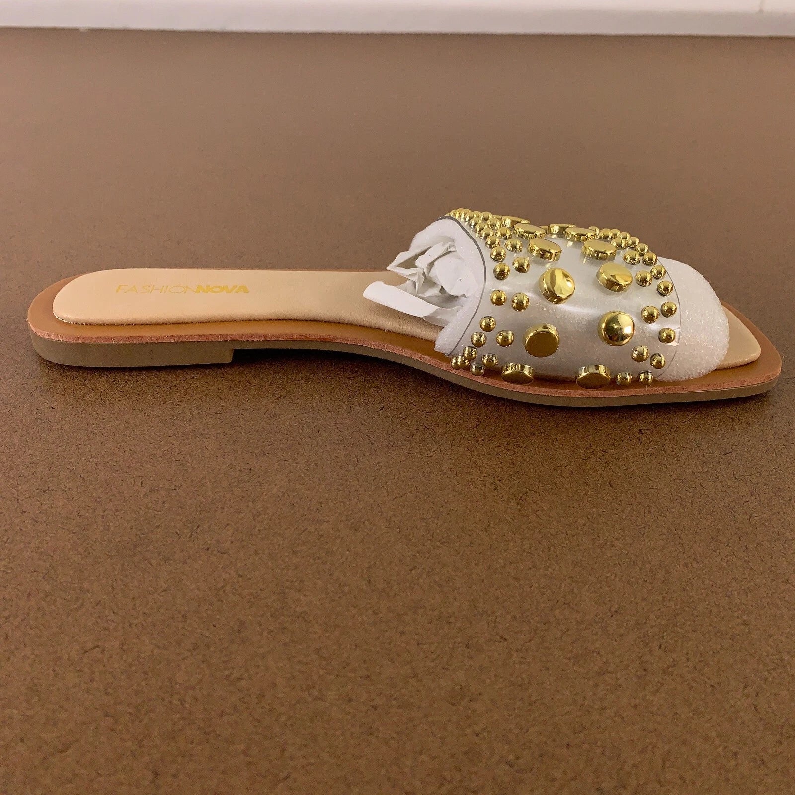 Fashion Nova Women's Shoe Size 9 Clear Gold Beaded Strap Square Toe Flat Sandals