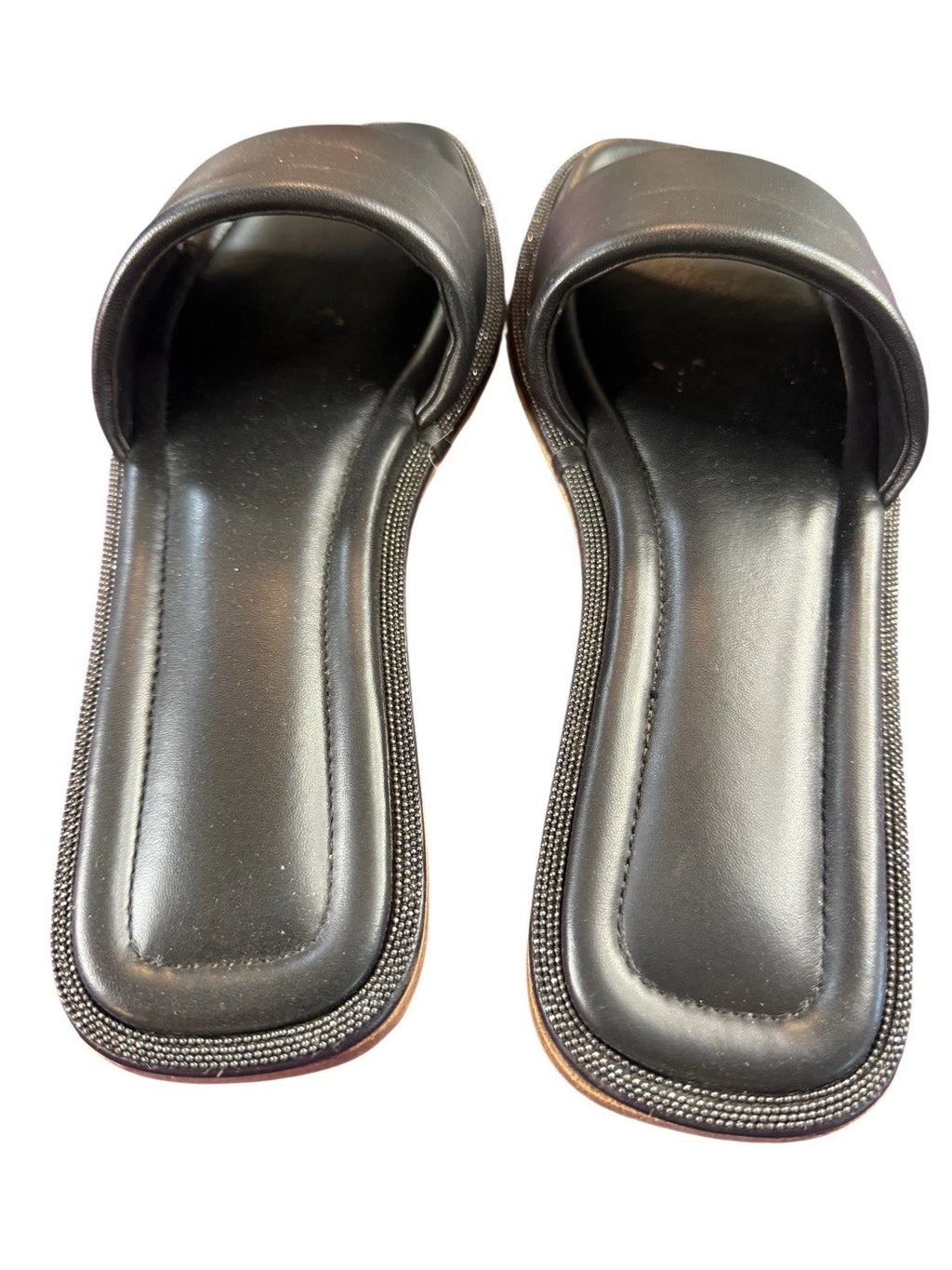 BRUNELLO CUCINELLI $895 Slide Sandal  Sparkling Monili Trim Blck Leather Sz 36.5