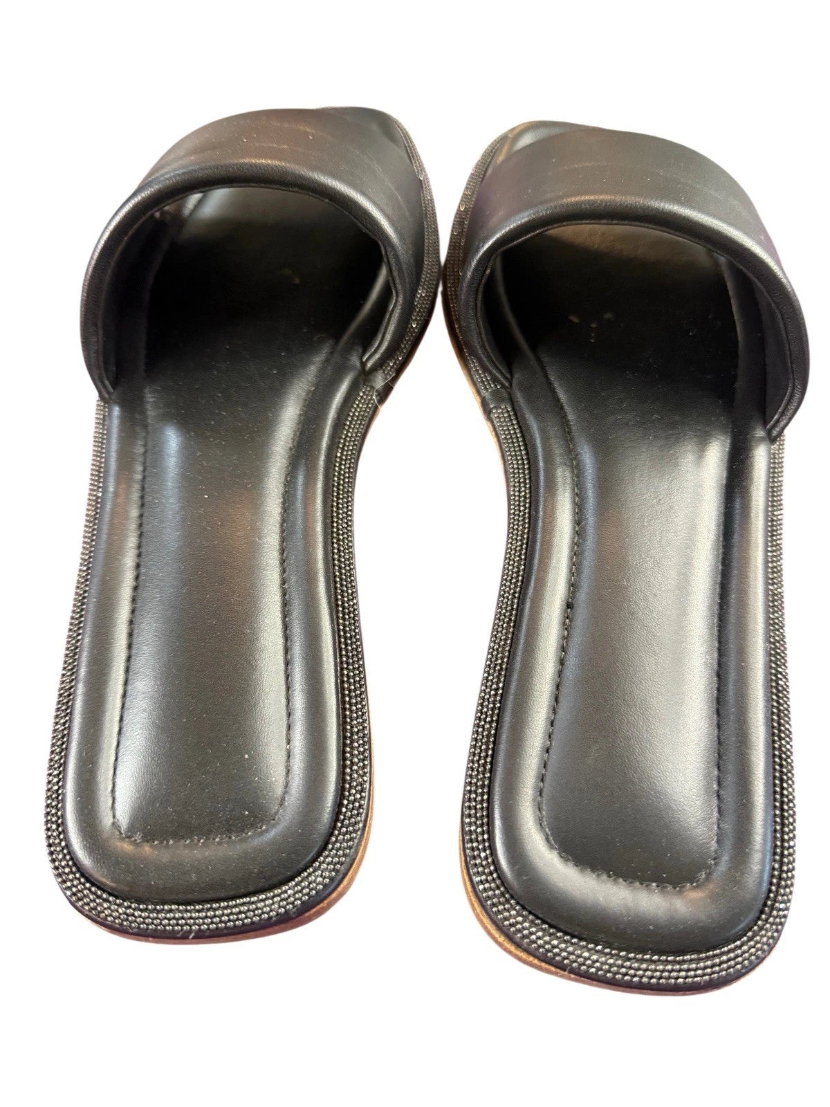 BRUNELLO CUCINELLI $895 Slide Sandal  Sparkling Monili Trim Blck Leather Sz 36.5