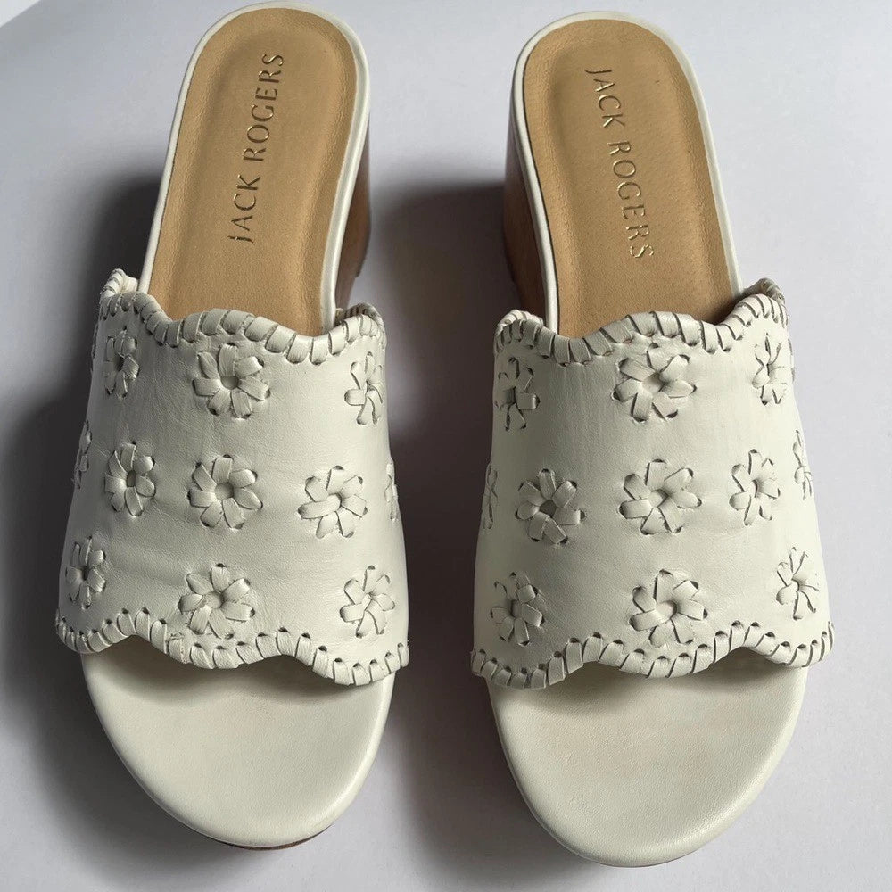 Jack Rogers Platform Wedge White Leather Sandals Size 9.5M Rory Style Scalloped