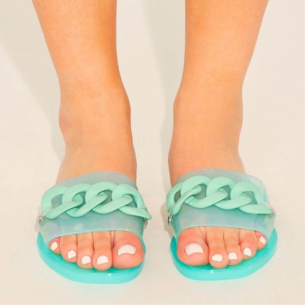 New 7 Fashion Nova Pastel Mint Green Jelly Cuban Link Matte Slide Sandals
