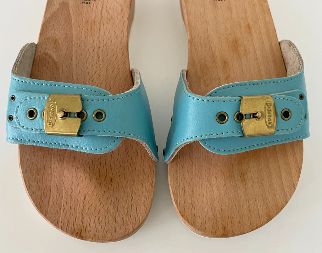 Dr. Scholl's The Original Wooden Sandals Slides Aqua Blue Leather Size 7 Italy