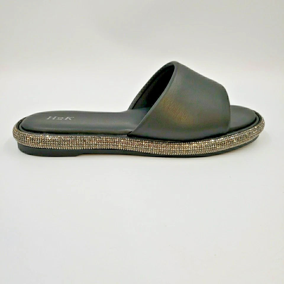 Womens Black Rhinestone Slides Open Toe Sandals Flip Flops Slipper Summer Shoes