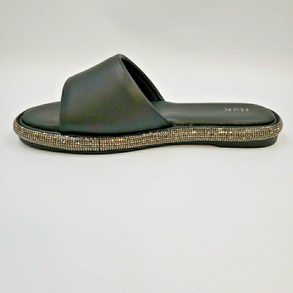 Womens Black Rhinestone Slides Open Toe Sandals Flip Flops Slipper Summer Shoes