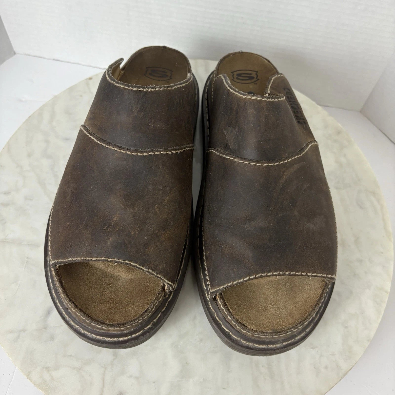 Y2K style chunky brown leather platform slides women's 11 Sketchers 90s 2000s