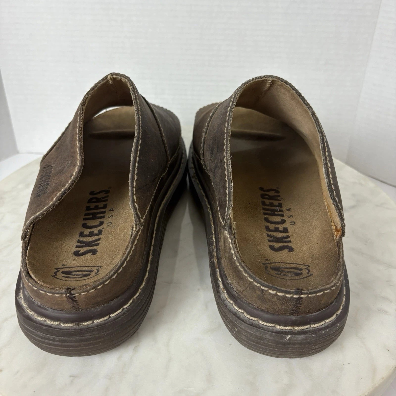 Y2K style chunky brown leather platform slides women's 11 Sketchers 90s 2000s