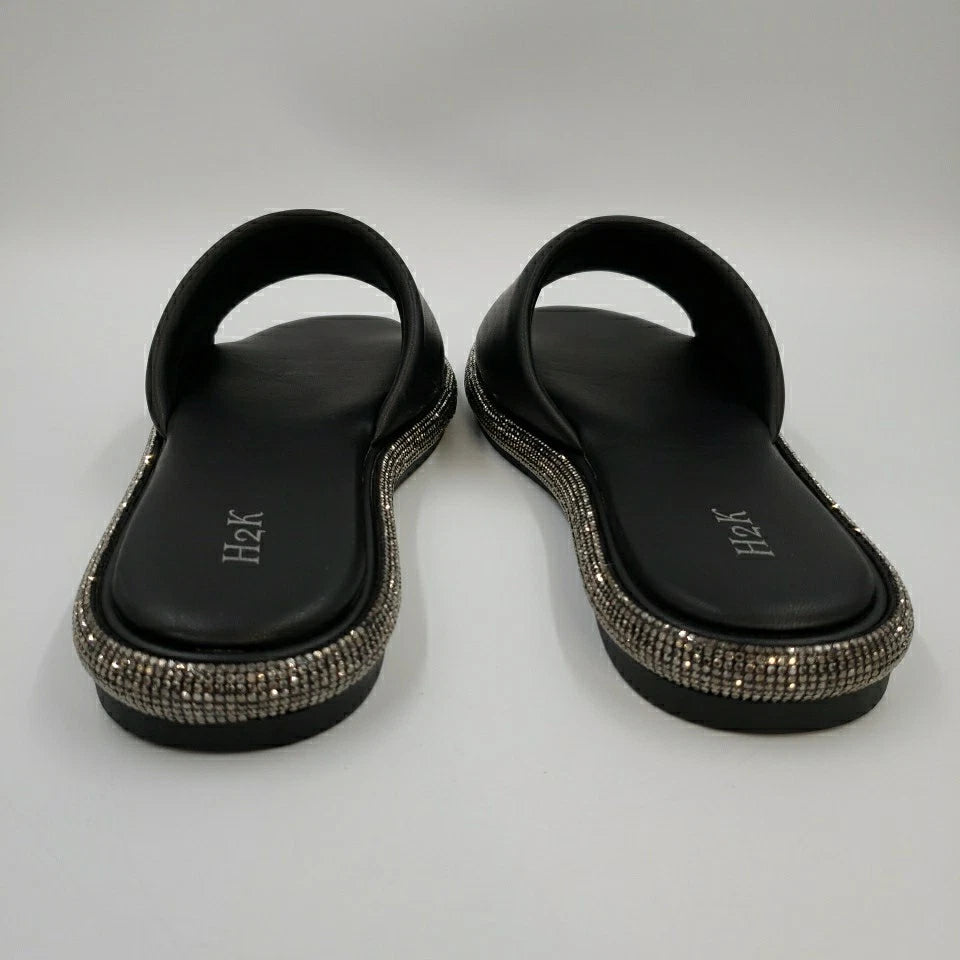 Womens Black Rhinestone Slides Open Toe Sandals Flip Flops Slipper Summer Shoes