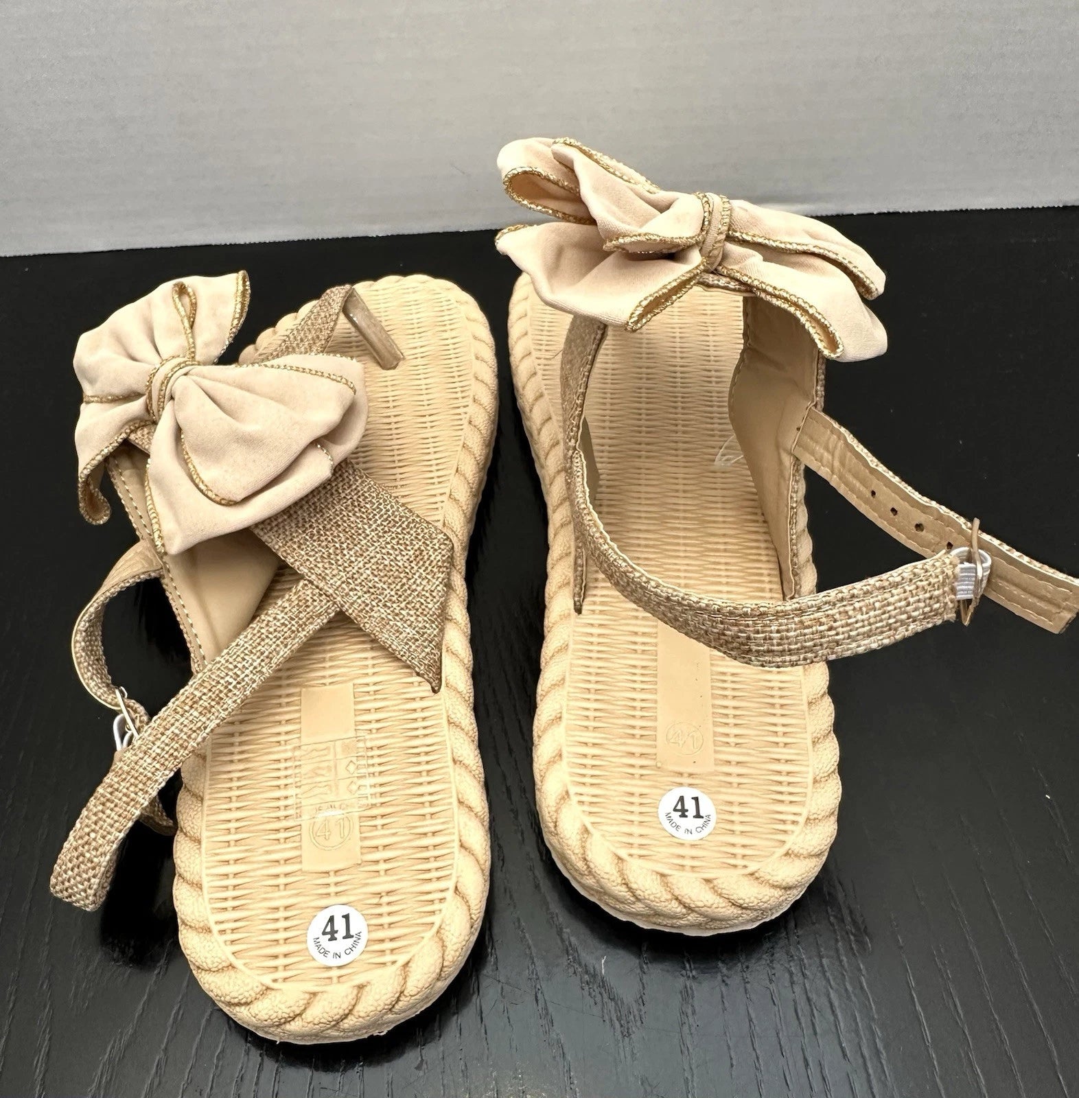 Flip Flop Thong Sandals Fashion Slides Bow Decor Khaki Size 41 US 9-9.5