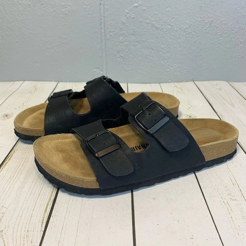 Cushionaire Lane Cork Footbed Slide Sandal Black Buckles Women's Size 7.5