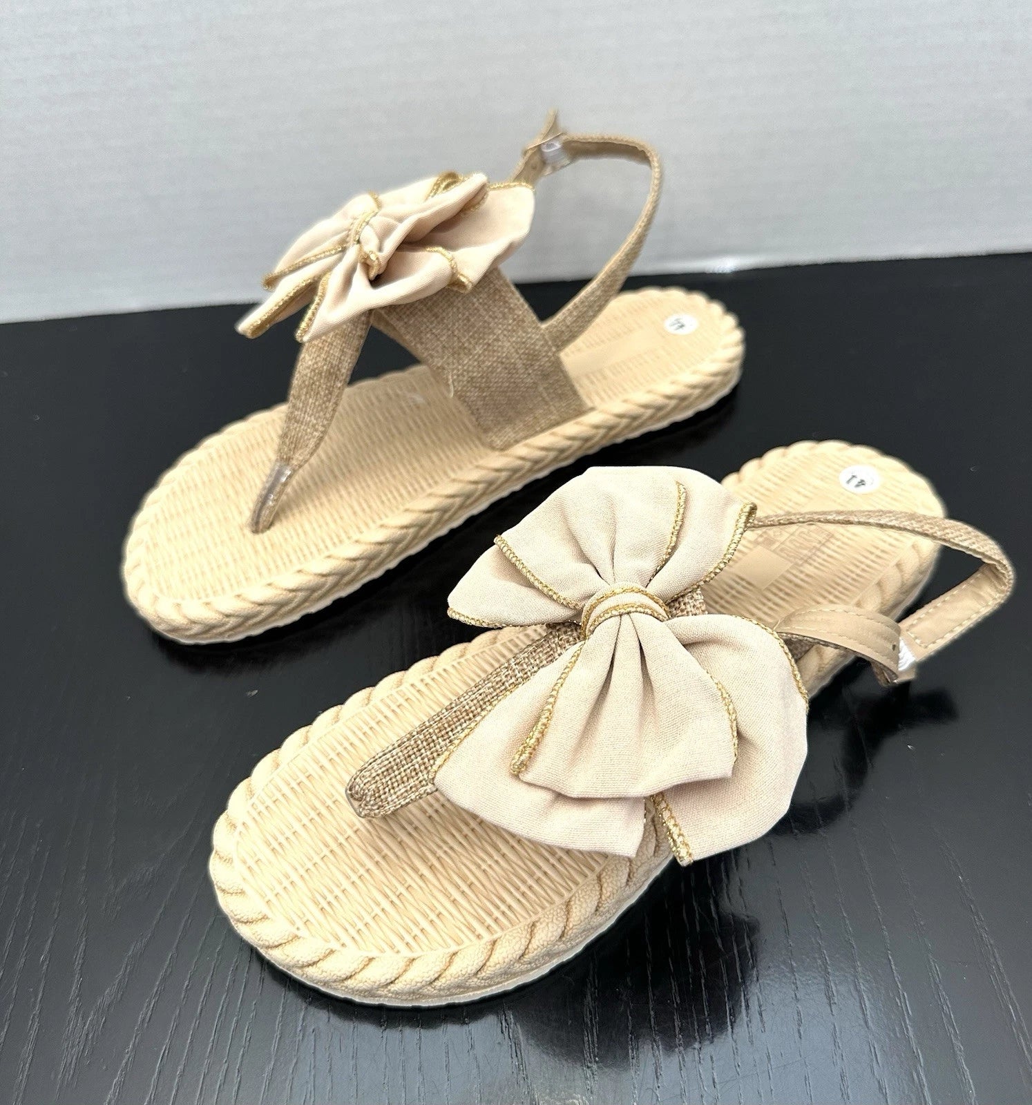 Flip Flop Thong Sandals Fashion Slides Bow Decor Khaki Size 41 US 9-9.5