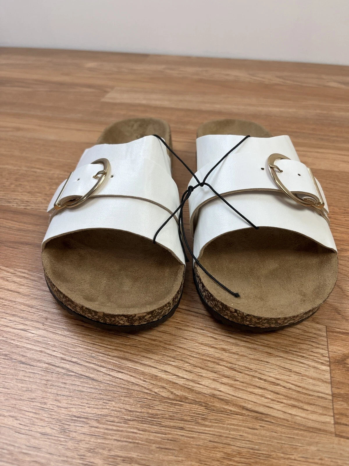 Fashion Nova True Statement Flat Cork Sandals White Slides Size 8 Women's NEW