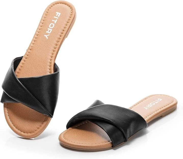 FITORY Women's Flat Sandals Fashion Slides Soft Leather Slippers for Summer US6