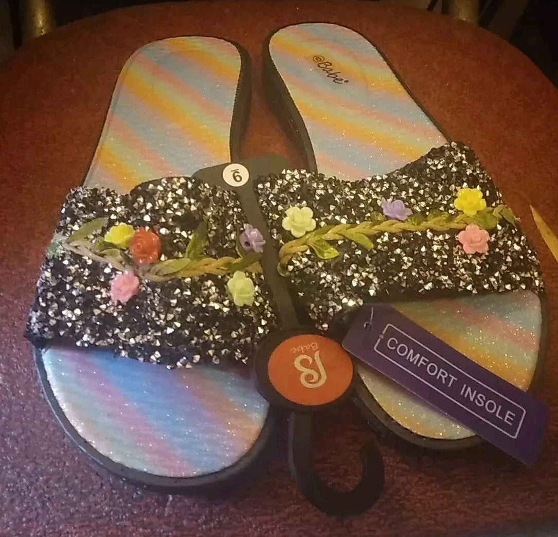 Babe's Rainbow Floral Black Women's Fashion Slides Slippers Size 9 (BRAND NEW)