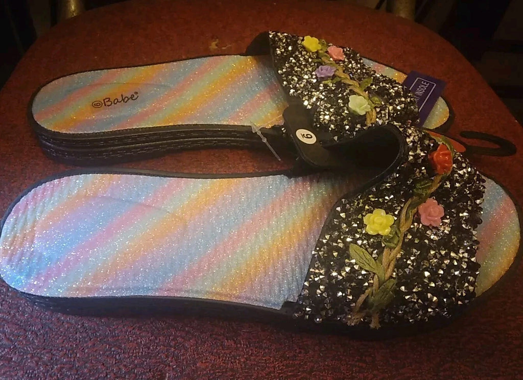 Babe's Rainbow Floral Black Women's Fashion Slides Slippers Size 9 (BRAND NEW)