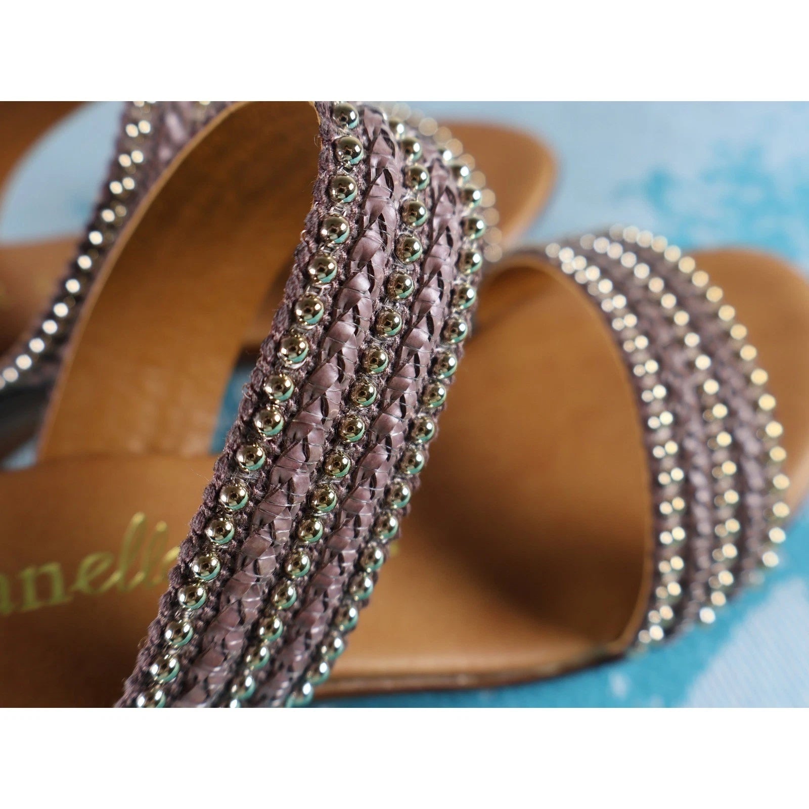 TOSCANELLA Wedge Sandals 8 Handmade in Italy Dark Brown Beaded Two Band  BOHO