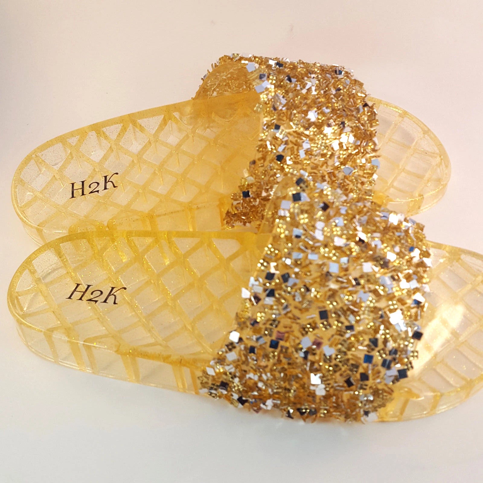 H2K CANDY Gold Color Glitter Beads Fashion Slides Flip Flops Sandals Bling