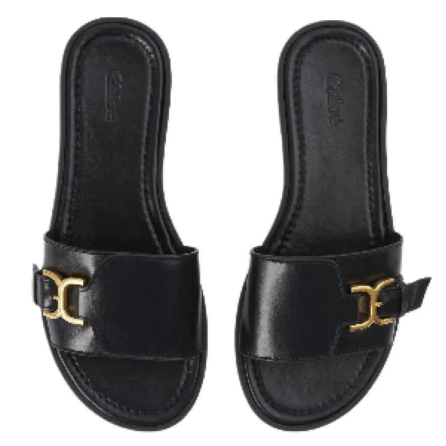 Chloe Gold-Toned Marcie Buckle Leather Slides