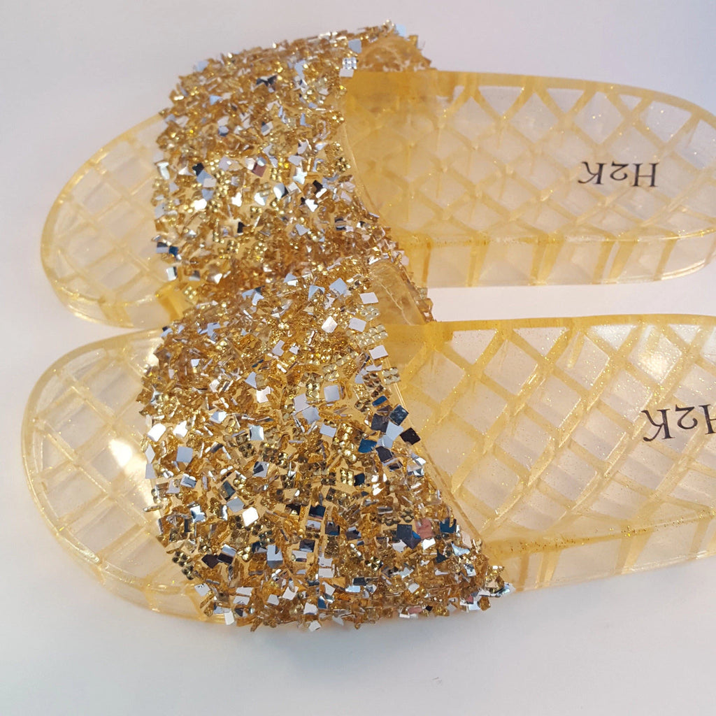 H2K CANDY Gold Color Glitter Beads Fashion Slides Flip Flops Sandals Bling