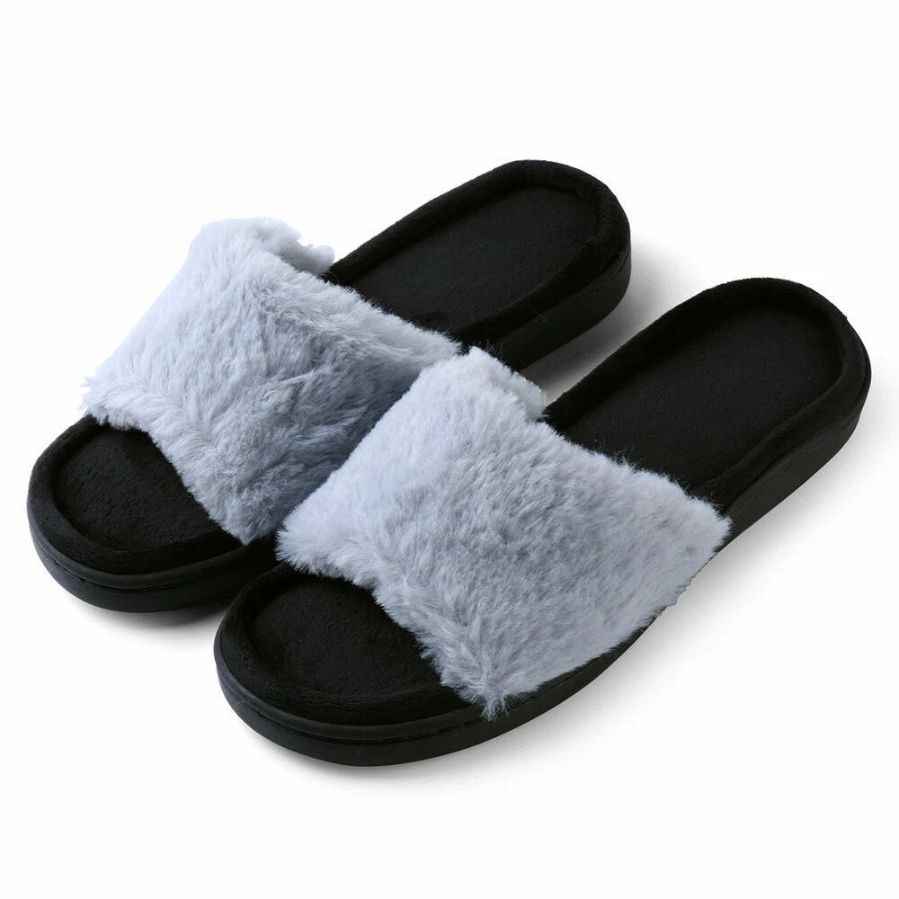 Women Fashion Warm Cozy Plush Indoor Anti Slip Slippers Open Toe Flat Sandals