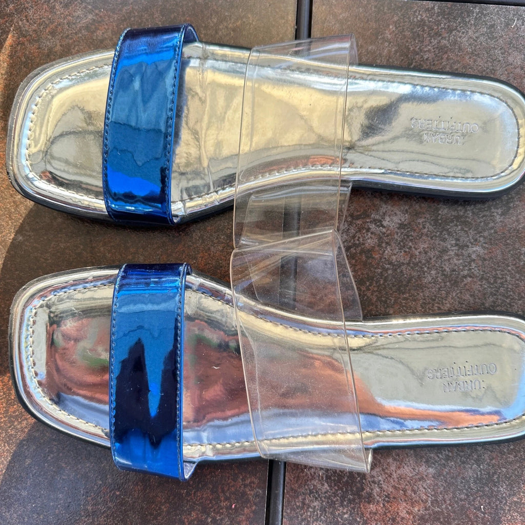 Urban Outfitters Slides Sandals Clear Blue Straps Trendy Flats Size 7