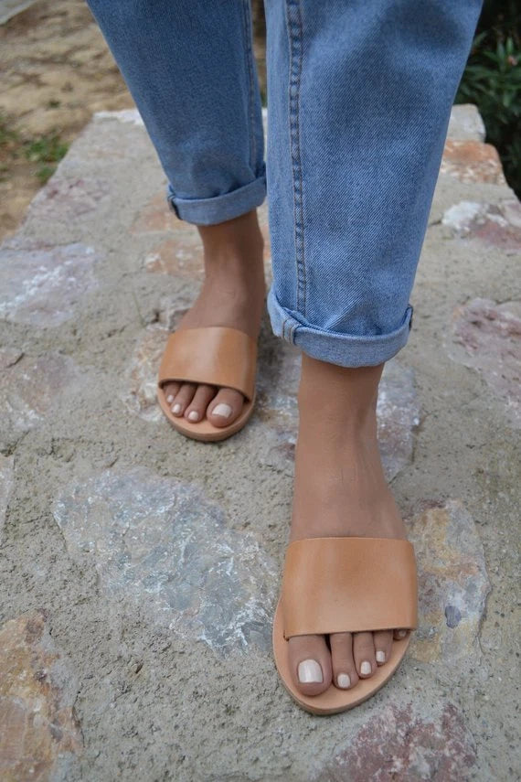 Ancient Greek style natural flat real leather slide sandals handmade minimalist