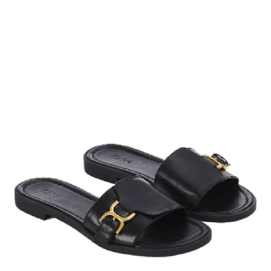 Chloe Gold-Toned Marcie Buckle Leather Slides