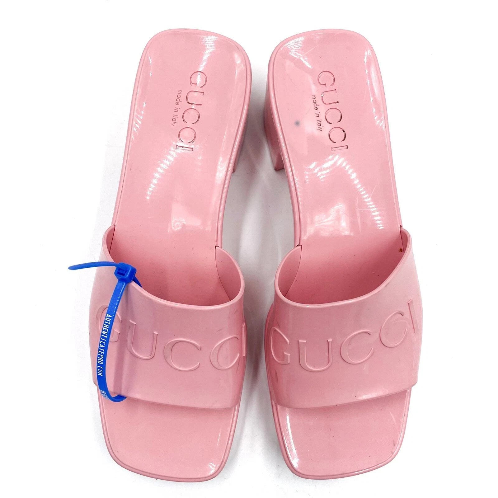 Gucci Rubber Slide Sandals Pink Logo Square Open Toe Block Heel Mules Sz 36 / 6