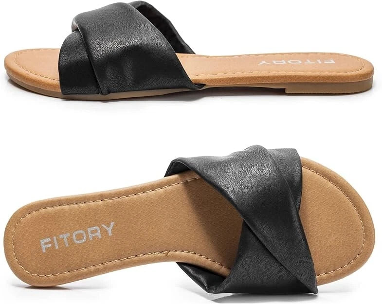 FITORY Women's Flat Sandals Fashion Slides Soft Leather Slippers for Summer US6