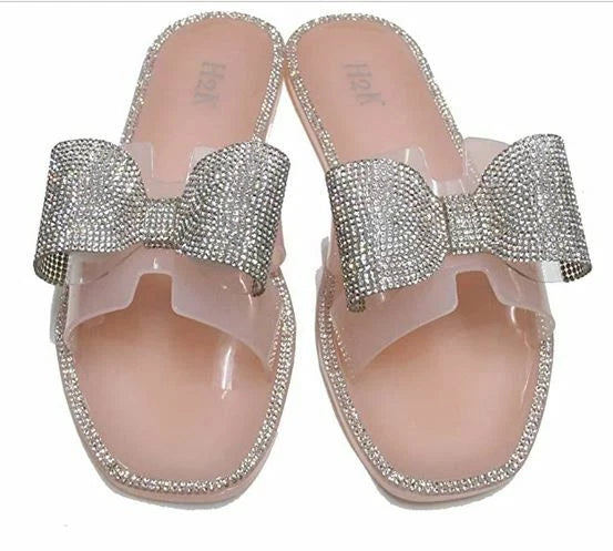 H2K Lucia Nude Fashion Jelly Slides Flip Flops Bow Sandals Bling Open Toe New