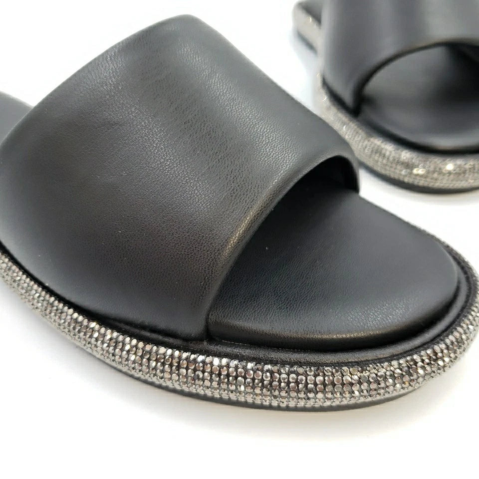 Womens Black Rhinestone Slides Open Toe Sandals Flip Flops Slipper Summer Shoes
