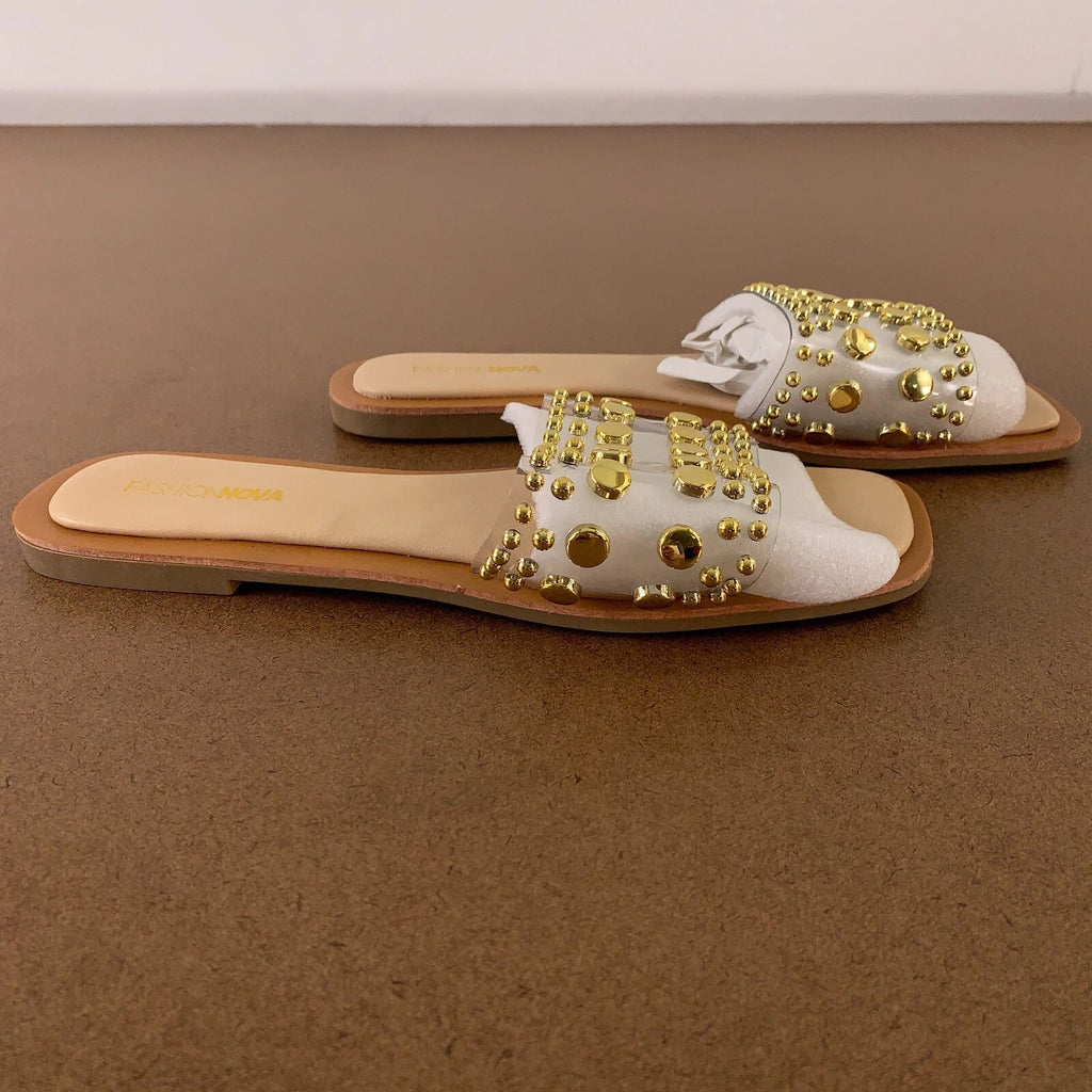 Fashion Nova Women's Shoe Size 9 Clear Gold Beaded Strap Square Toe Flat Sandals