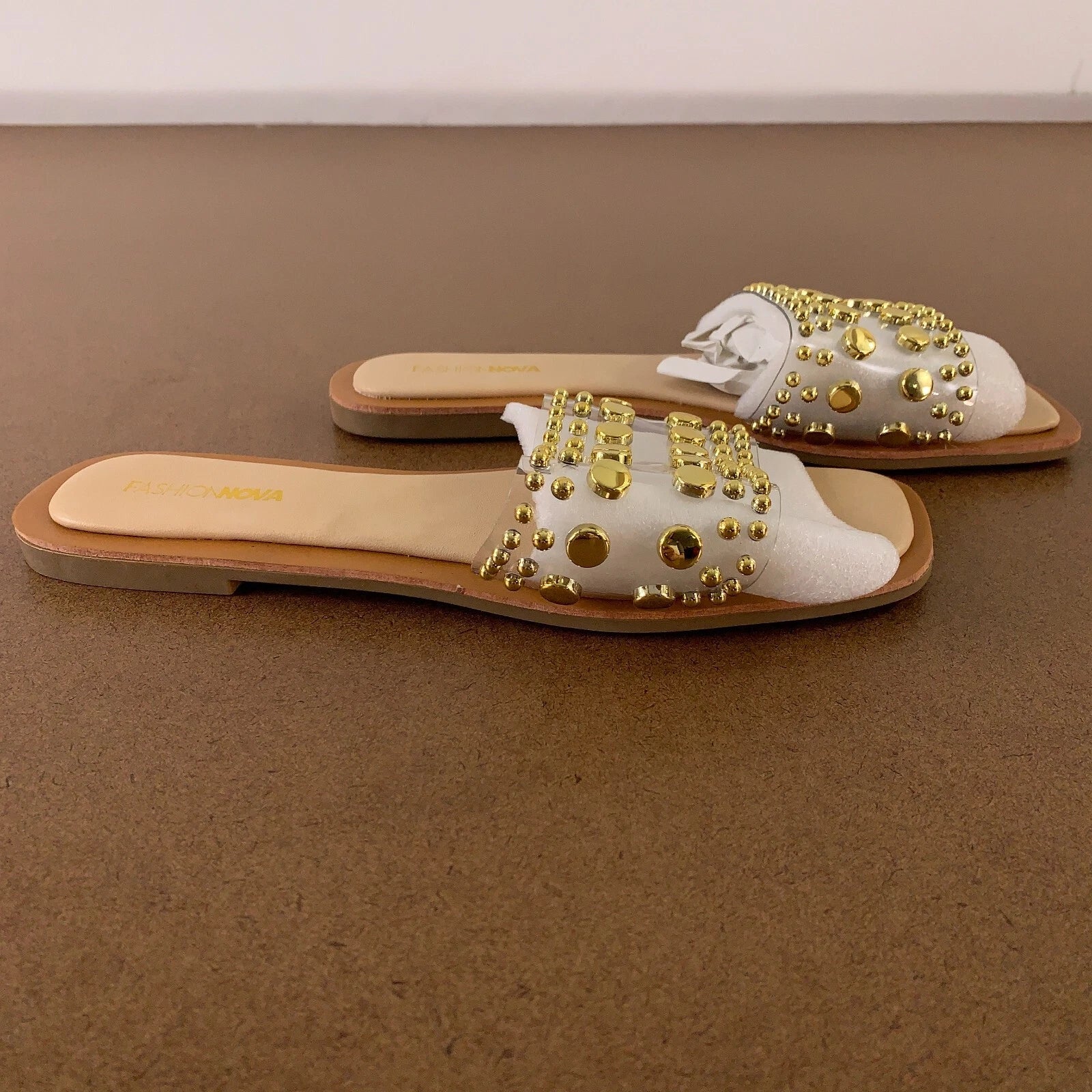 Fashion Nova Women's Shoe Size 9 Clear Gold Beaded Strap Square Toe Flat Sandals