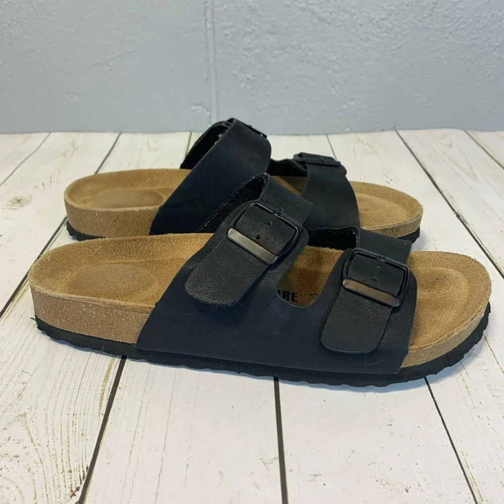 Cushionaire Lane Cork Footbed Slide Sandal Black Buckles Women's Size 7.5
