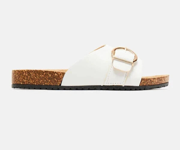 Fashion Nova True Statement Flat Cork Sandals White Slides Size 8 Women's NEW