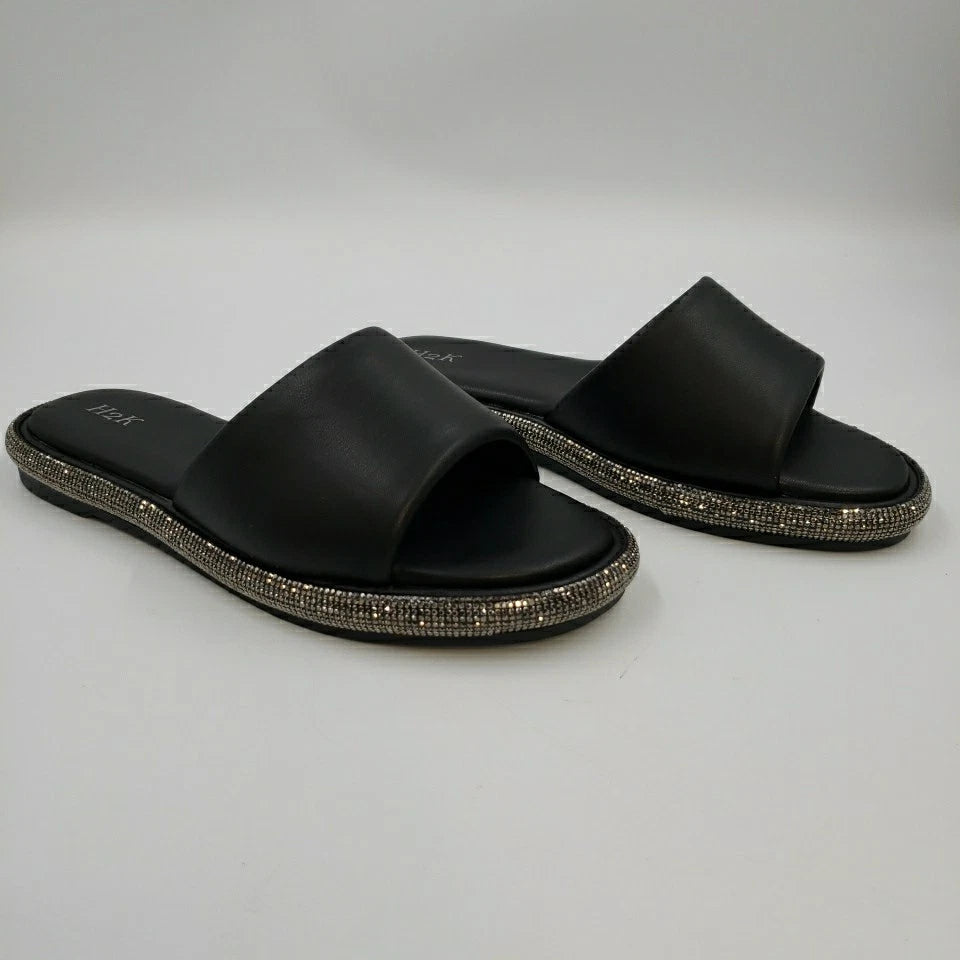 Womens Black Rhinestone Slides Open Toe Sandals Flip Flops Slipper Summer Shoes