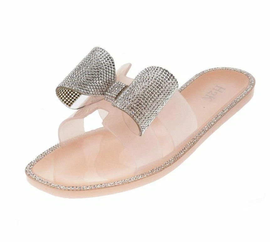 H2K Lucia Nude Fashion Jelly Slides Flip Flops Bow Sandals Bling Open Toe New