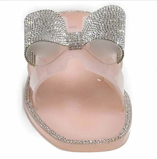 H2K Lucia Nude Fashion Jelly Slides Flip Flops Bow Sandals Bling Open Toe New