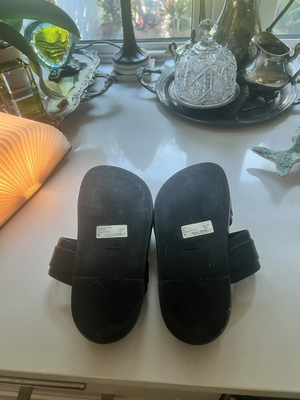 Aqua Bloomingdales Leather Arizona Style Slides Womens 7 Black Gold Black $128