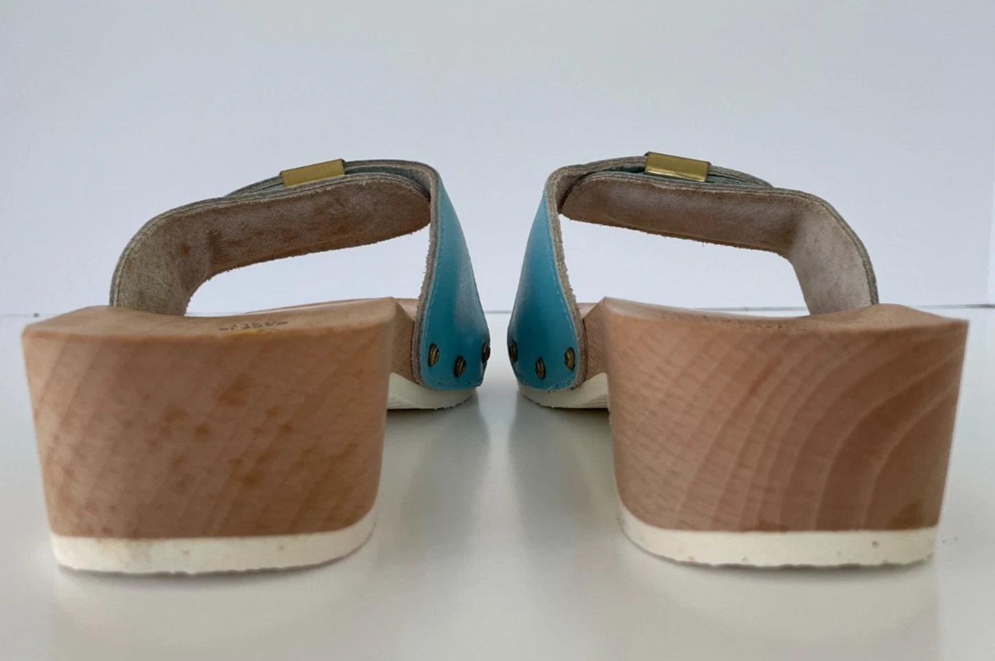 Dr. Scholl's The Original Wooden Sandals Slides Aqua Blue Leather Size 7 Italy