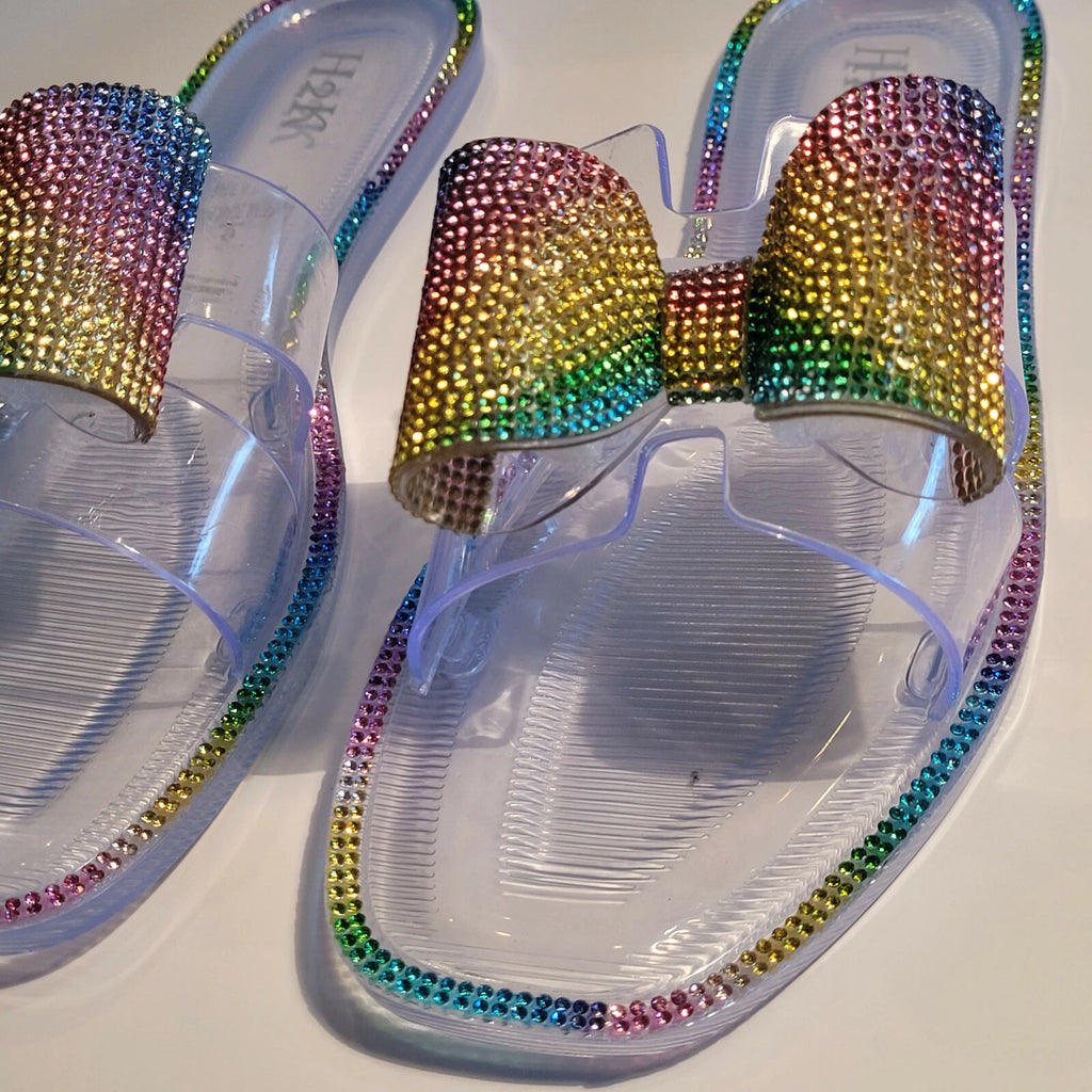 H2K Lucia Rainbow Fashion Jelly Slides Flip Flops Bow Sandals Bling Open Toe New