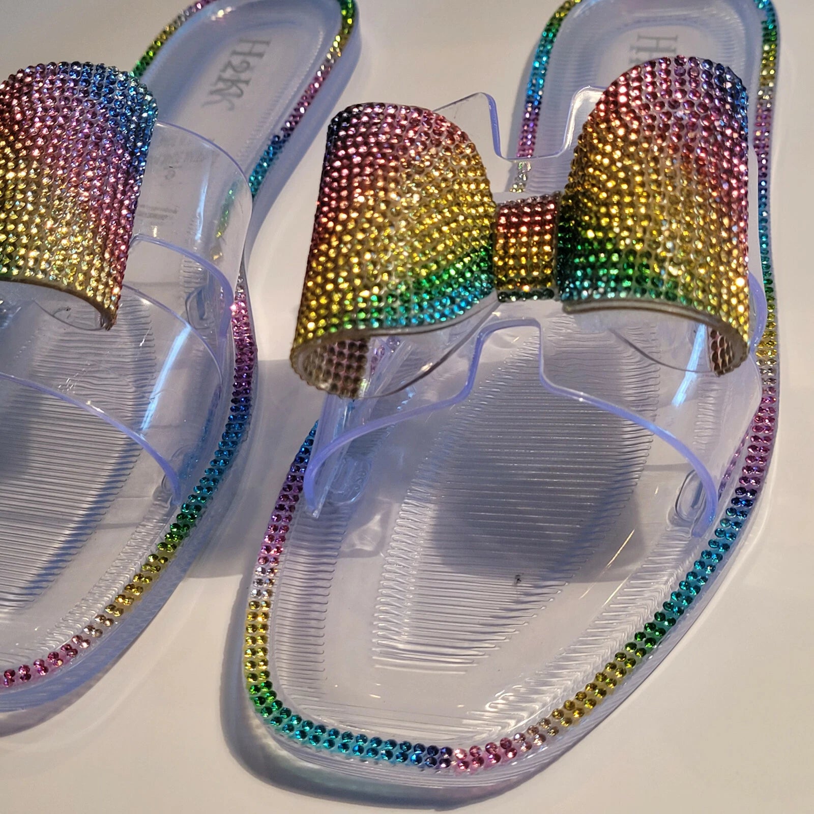 H2K Lucia Rainbow Fashion Jelly Slides Flip Flops Bow Sandals Bling Open Toe New