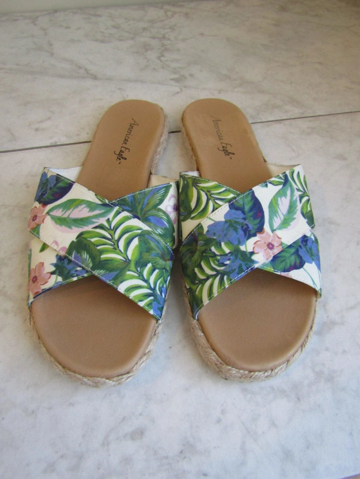 American Eagle Floral Cross Strap Multicolor Slides Sandal Shoes Women's Size 9