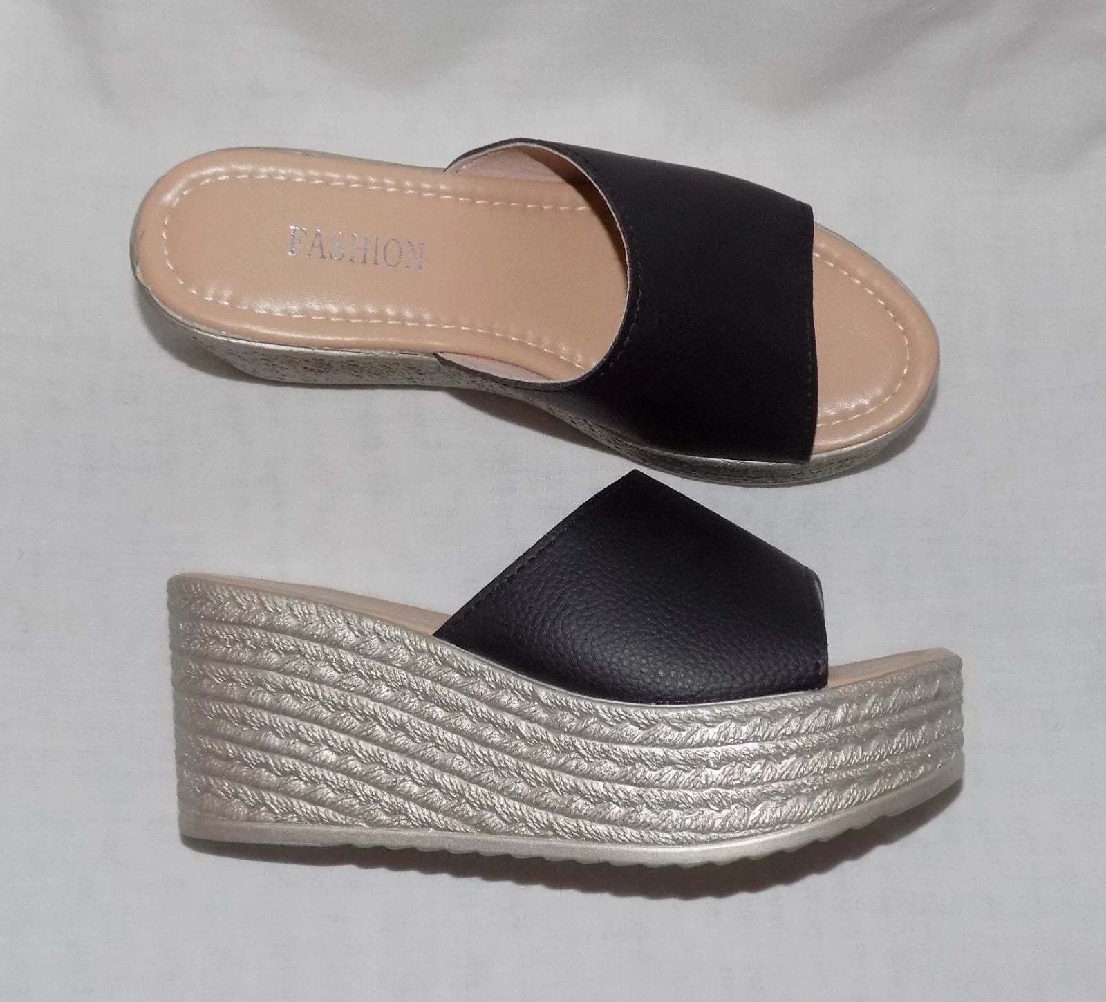 Fashion Womens Faux Leather Open Toe Wedge Heel Platform Slide Sandals 38 EU NEW