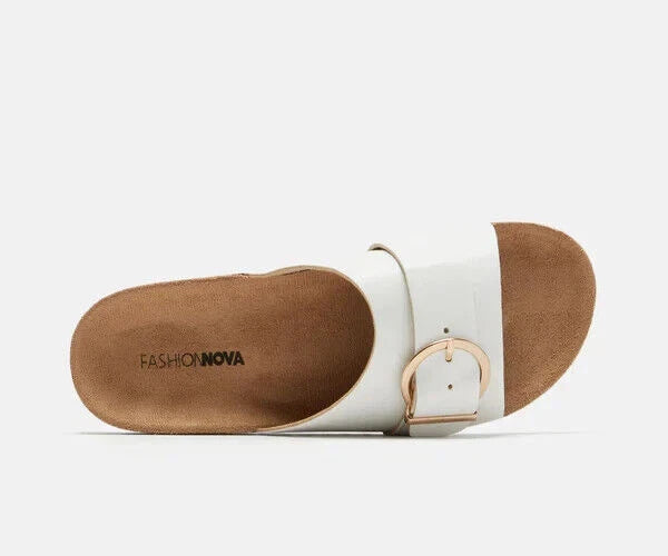 Fashion Nova True Statement Flat Cork Sandals White Slides Size 8 Women's NEW