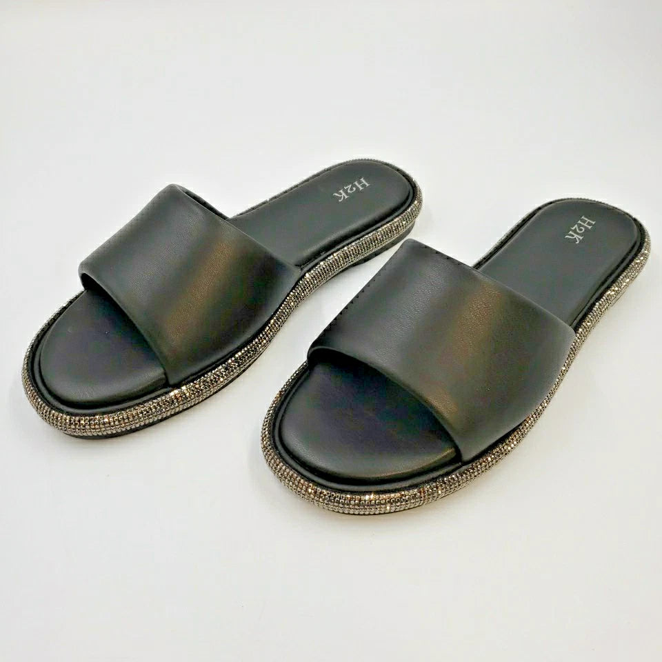 Womens Black Rhinestone Slides Open Toe Sandals Flip Flops Slipper Summer Shoes