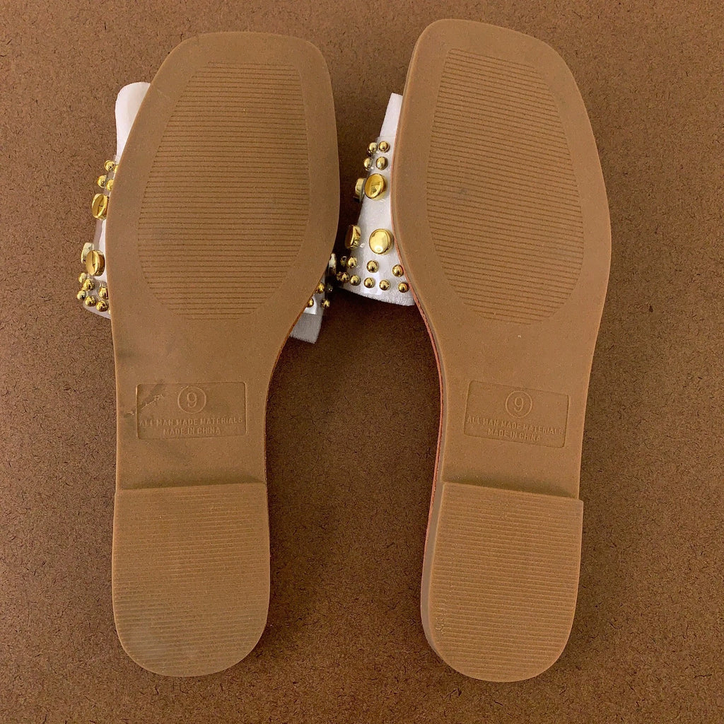 Fashion Nova Women's Shoe Size 9 Clear Gold Beaded Strap Square Toe Flat Sandals