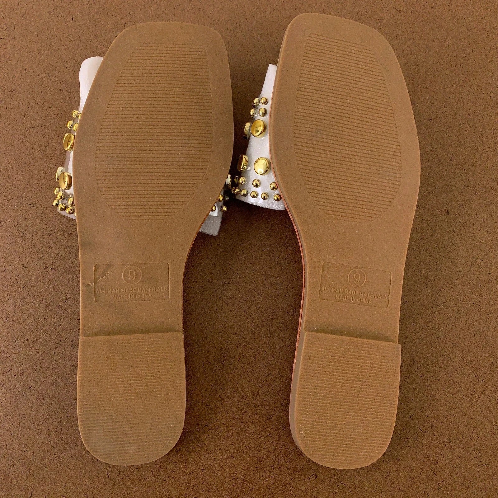 Fashion Nova Women's Shoe Size 9 Clear Gold Beaded Strap Square Toe Flat Sandals