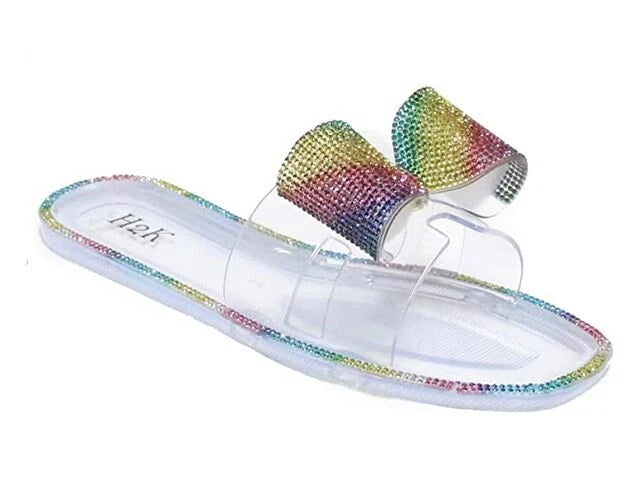 H2K Lucia Rainbow Fashion Jelly Slides Flip Flops Bow Sandals Bling Open Toe New