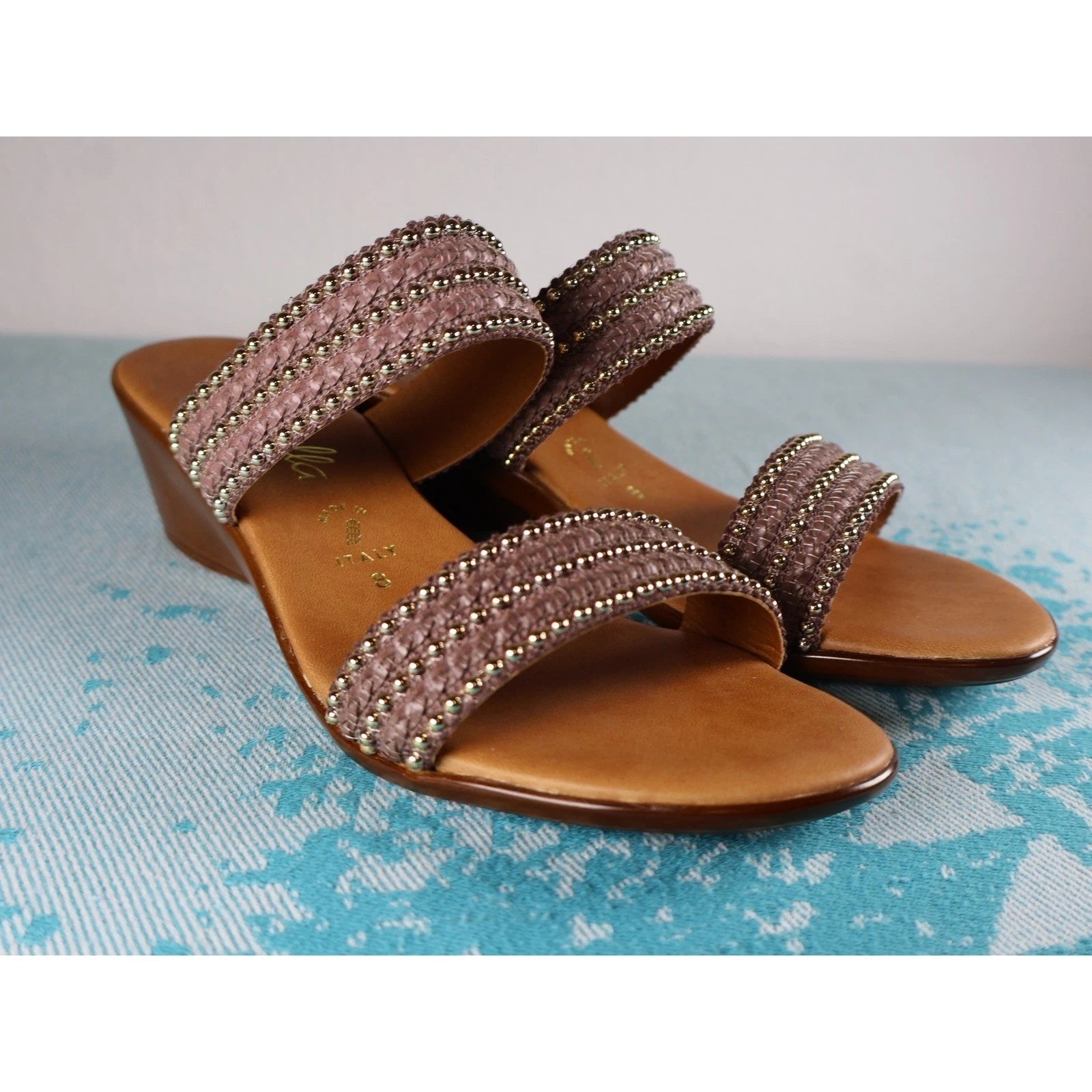 TOSCANELLA Wedge Sandals 8 Handmade in Italy Dark Brown Beaded Two Band  BOHO